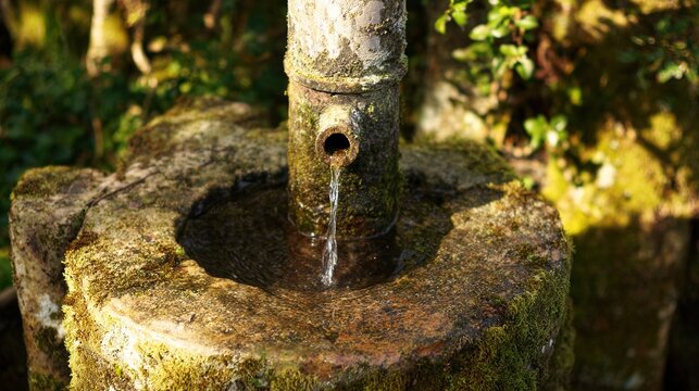 wellhead. Close-up of an ancient mossy stone wellhead with water flowing into a basin. real-estate listings.