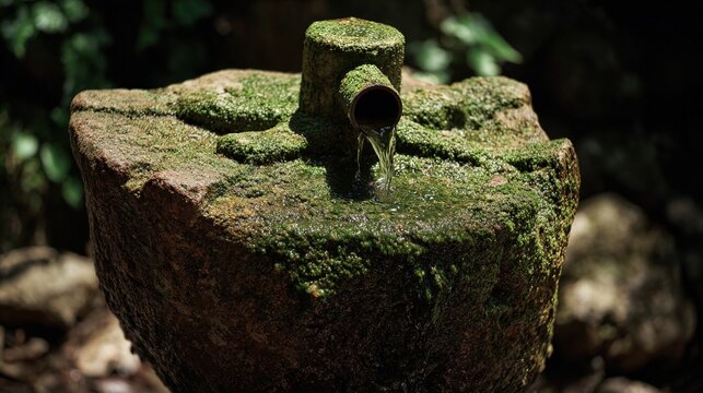 wellhead. Close-up of an ancient mossy stone wellhead with water flowing into a basin. real-estate listings.