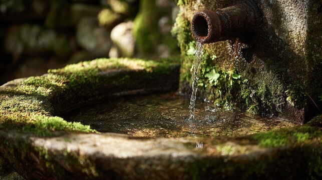wellhead. Close-up of an ancient mossy stone wellhead with water flowing into a basin. real-estate listings.