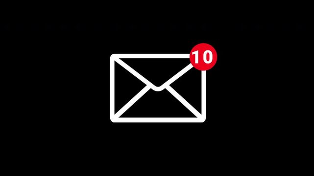 1 To 10 Unread Mail Notification Alert Animation With White Line Email Icon On Isolated Black Background