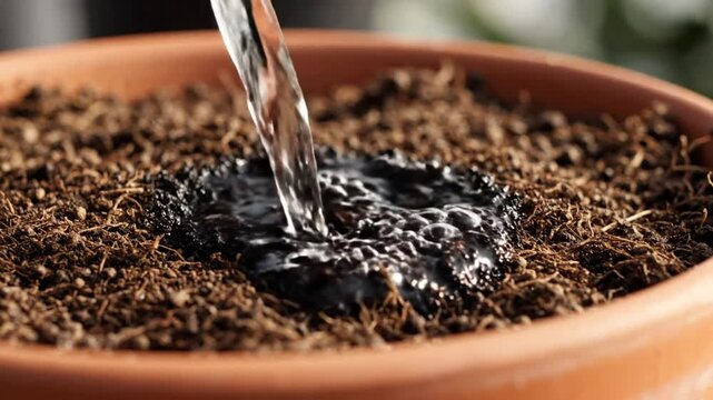 Close up view of water pouring into a terra cotta pot full of dark rich soil, soaking and hydrating plant roots