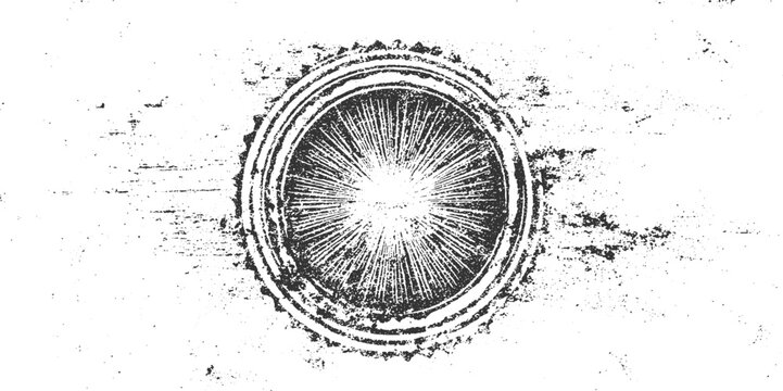 Black and white textured grunge circular pattern with radial lines and distressed background