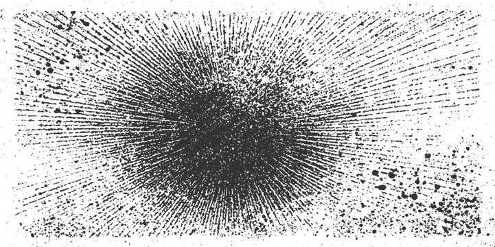 Black ink splatters and radial lines on white textured background abstract