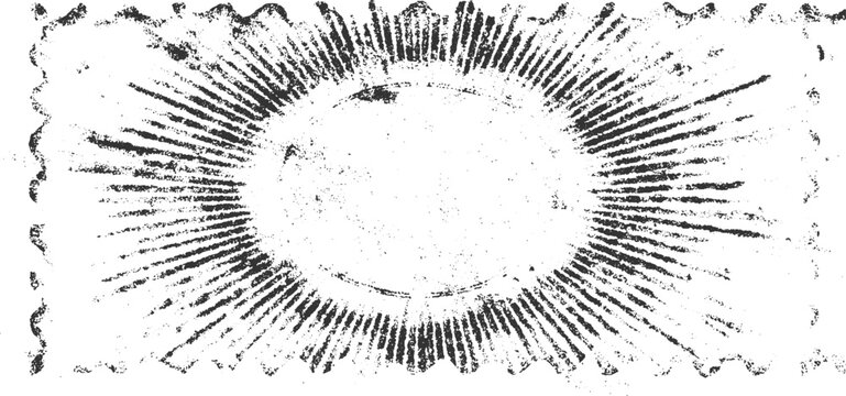 Distressed sunburst stamp with serrated edges and textured center rays radial circle