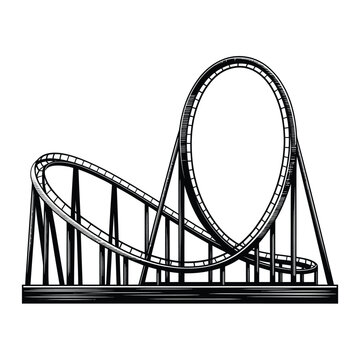Detailed illustration of a looping roller coaster track in black and white