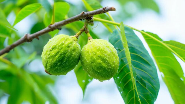 Green unripe walnuts growing on a tree branch. Green walnut fruit hanging among green leaves ripening in sunny orchard. Natural plant growth and autumn food. Fat and oils for cooking and cosmetology.
