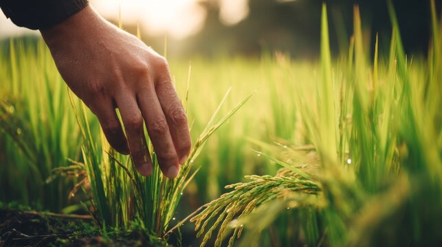 Close-up of a Hand Gently Touching Lush Green Rice Plants in a Vibrant Field Under Soft Golden Light at Sunset