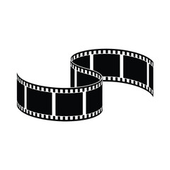 A black and white film strip curves and loops in a stylized design