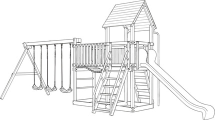 Detailed line art illustration of a wooden outdoor playground playset featuring a swing set, slides, climbing ladder, and a playhouse tower for backyard and park concepts © Bappi