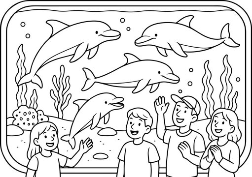 Dolphins in Aquarium hand drawn vector illustration doodle art line art coloring page for kids