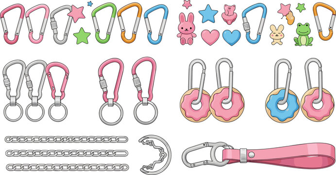 Vibrant vector set of colorful carabiners, whimsical charms, and keychain hardware in flat style.