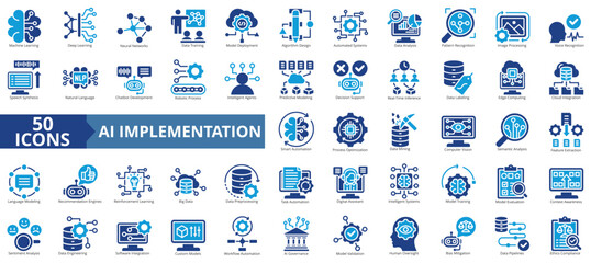 Naklejka premium ai implementation icon set flat style illustration. containing ai governance, algorithm design, analysis, automated system, bias mitigation, big data, chatbot development, cloud integration