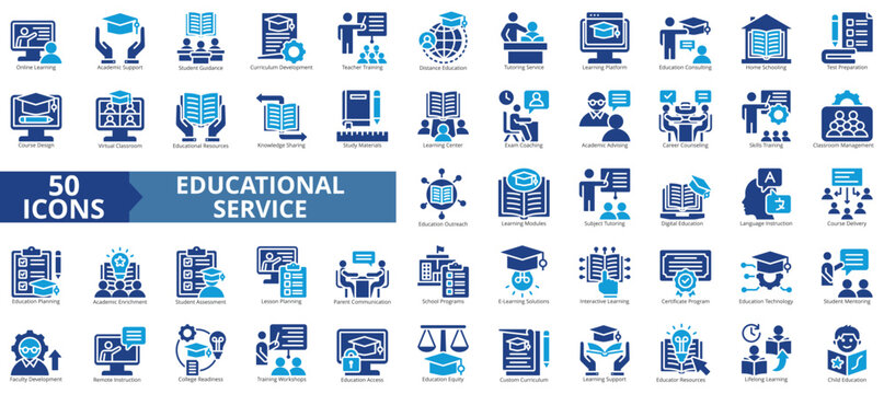 educational service icon set flat style illustration. containing home schooling, test preparation, course design, language instruction, parent communication, child education, college readiness