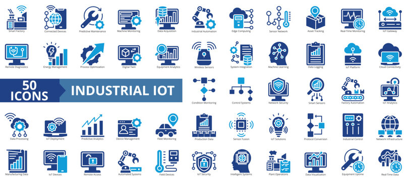 industrial iot icon set flat style illustration. containing internet of things, sensor fusion, protocol conversion, condition monitoring, cloud connectivity, remote diagnostics, edge computing
