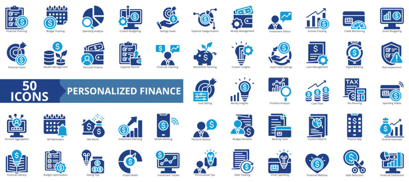 personalized finance icon set flat style illustration. containing expense categorization, investment advice, custom insights, digital banking, account aggregation, bill reminders, personal advisor