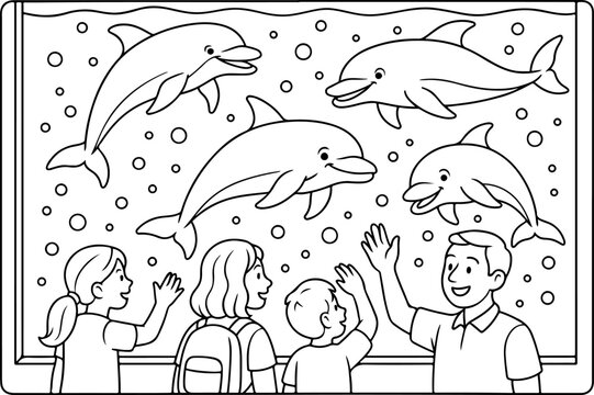 Dolphins in Aquarium hand drawn vector illustration doodle art line art coloring page for kids