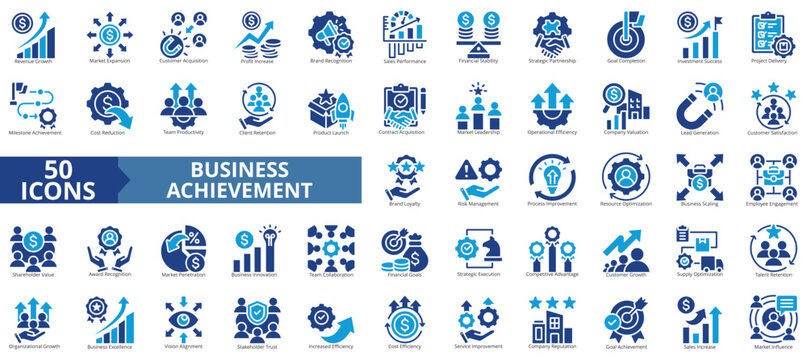 business achievement icon set. containing lead generation, competitive advantage, client retention, shareholder value, stakeholder trust, vision alignment, product launch, employee engagement, talent