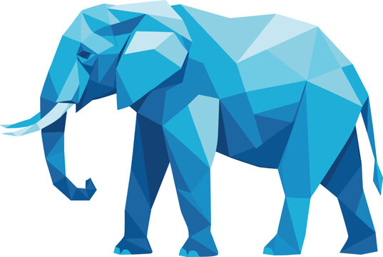 Low poly geometric elephant illustration featuring a modern triangular mosaic design in shades of blue for wildlife, conservation, and creative branding concepts