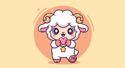 Obraz premium Cute cartoon sheep character holding heart with star necklace on orange background