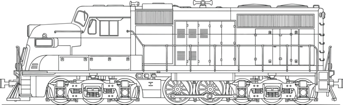 Detailed line art illustration of a heavy diesel-electric locomotive in side profile view for railway engineering, industrial transport, and train history concepts