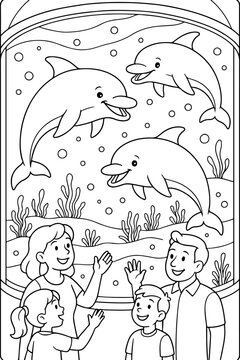 Dolphins in Aquarium hand drawn vector illustration doodle art line art coloring page for kids