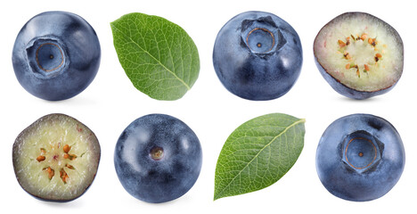 Fresh blueberries and green leaves isolated on white, set