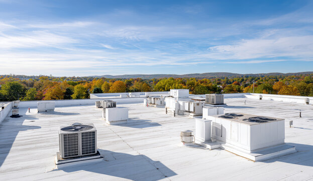 White flat roof with multiple air conditioning units, ventilation systems, and rooftop hvac equipment against a scenic autumn landscape and blue sky