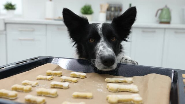 Cute dog near tray with raw bone shaped cookies on wooden table in kitchen. Camera moving forward