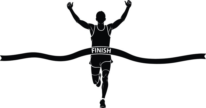 Black silhouette of a male athlete crossing the finish line with arms raised in victory and success for marathon, competition, and achievement concept