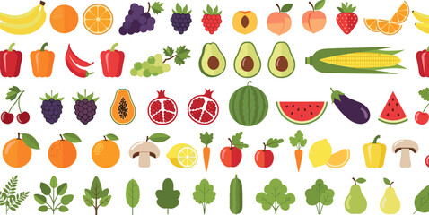 Obraz premium Massive vector set of over 50 flat fruits, vegetables, and leafy greens for culinary design.