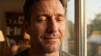 Obraz premium Man showing emotional relief and inner peace after positive news