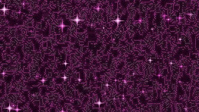 A futuristic animation technology background featuring intricate glowing pink topographic zen-style contour patterns against a dark purple backdrop, interspersed with sparkling star-like light effects