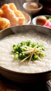 Steaming bowl of Asian rice porridge with ginger and scallions.