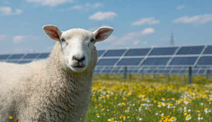 Fototapeta premium White sheep with curly wool standing in a sunny green grass field in front of solar panels under a blue sky
