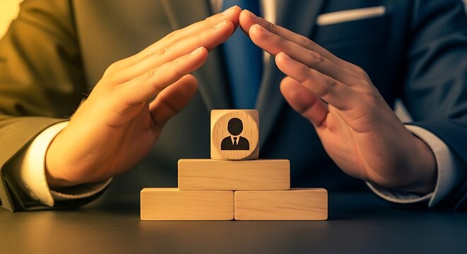 Businessman protecting wooden blocks with person icon symbolizing employee protection