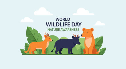 Fototapeta premium World Wildlife Day illustration with diverse animals and lush greenery promoting nature awareness.