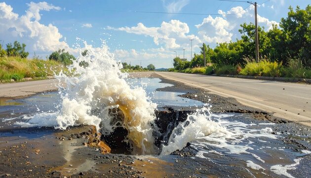 水道管破裂/アスファルトの隙間から噴き上がる水柱