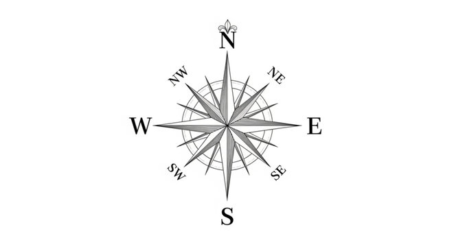 Detailed black and white compass rose illustration with cardinal directions and intermediate points on a clean white background