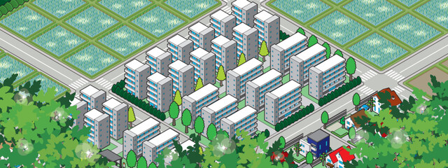 田園風景のイラスト. アイソメ図で描いた都市.