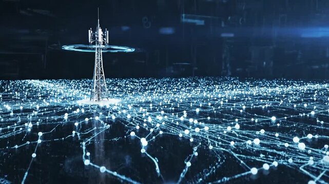 Modern communication tower emitting digital data waves across a dark background