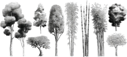 Collection of detailed black and white botanical of various trees and bamboo stalks © appl