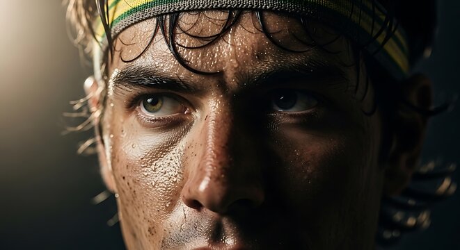 Intense male athlete looking up with focused eyes. brazilian fan in green and yellow in 2026 soccer world championship