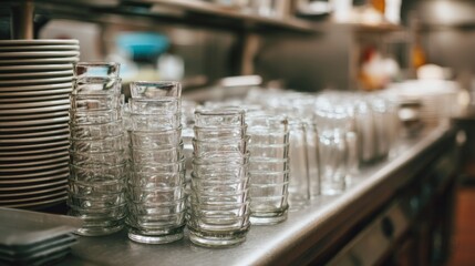 Stack of clear drinking glasses arranged neatly on a stainless steel countertop in a bustling restaurant kitchen environment
