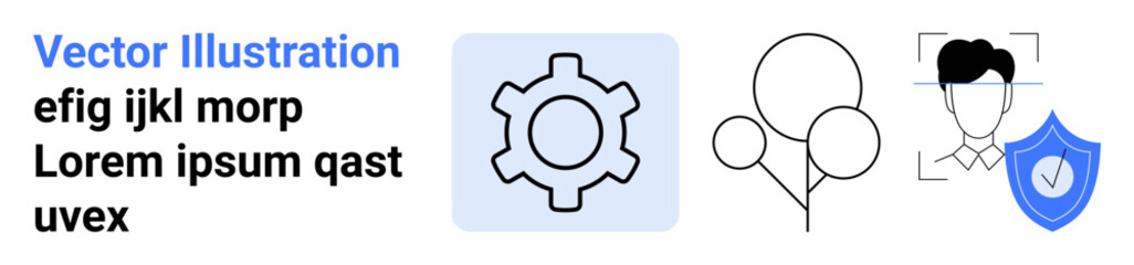 Gear, balloons, user profile, and shield with checkmark symbolizing process, collaboration, identity verification, and data protection. Ideal for tech, security networking creativity teamwork © robu_s