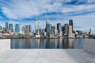 Obraz premium Skyscrapers Cityscape Downtown, Seattle Skyline Buildings. Beautiful Real Estate. Day time. Empty rooftop View. Success concept.