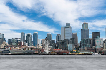 Skyscrapers Cityscape Downtown, Seattle Skyline Buildings. Beautiful Real Estate. Day time. Empty rooftop View. Success concept.