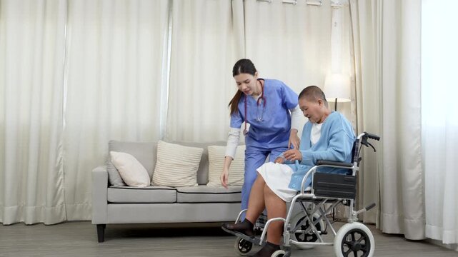 Female caregiver, aged care support helping mature women patient to recover injured leg, physiotherapy, take wheelchair for patient.