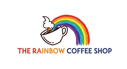 Obraz premium A colorful logo for a vibrant coffee shop with a rainbow theme and a steaming cup
