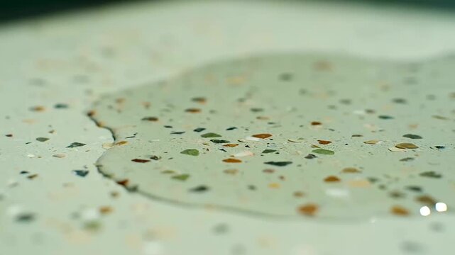 Eco office design inspiration: clean water ripples gently on a stylish terrazzo surface, reflecting light in a refreshing, macro detail shot.