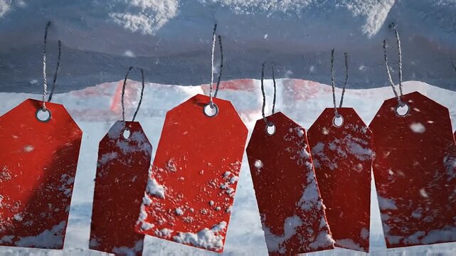 Snow-covered red SALE sign and hanging tags with falling flakes in a bright, frosty winter landscape.